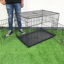 (Brand New) $50 Double Door 36” Dog Crate Kennel Metal Folding Pet Cage Plastic Tray, 36x23x25 Inches