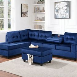Heights Blue Velvet Reversible Sectional with Storage Ottoman

