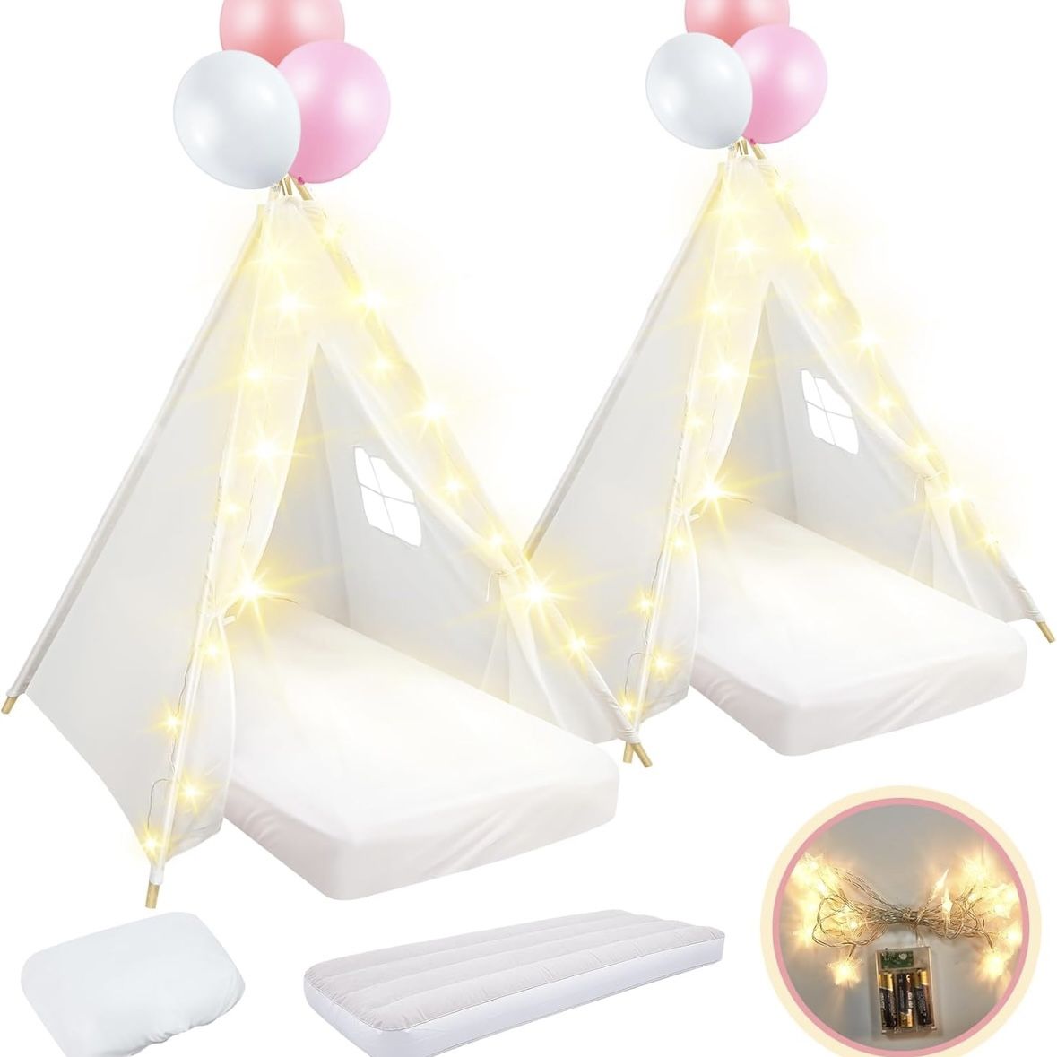 2 Pack Kids Teepee Tent with Mattress Fitted Sheet Light String Birthday Party Summer Sleepover