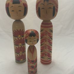 3 Vintage Japanese Signed  Wooden Kokeshi Dolls Figurines