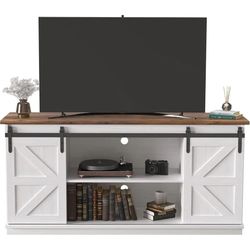 66 inch  TV Stand with Storage Cabinets and Sliding Barn Doors for Living Room or Bedroom in Bright White