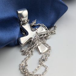 ✨✝️925 Sterling Silver Cross w/ 20" Miami Cuban Thin Necklace 1.5mm👌