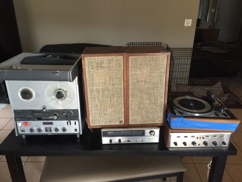 Vintage 1960s Stereo Equipment Scott Stereomaster Tube Amplifier And Tuner 2 Acoustic Research Speakers Sony Reel To Reel Recorder Dual Turntable