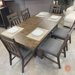 7-Piece Oak Rectangular Extendable Dining Table Set, Wooden Table with 6-Padded Chairs