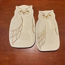Lenox Owl Treat 2 Piece Plate Set Ivory Fine China & Gold Accented 9“ X 5“ And 8“ X 4 1/2“  S3