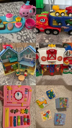 Various toddler toys, puzzles, activity book, Little people, doll house, tool box, tea set, etc