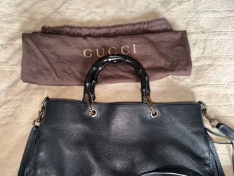 $543 Gucci black leather fringe bamboo painted handles long strap dust bag authentic