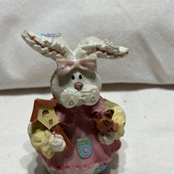 Easter Bunny Figurine Holding Bird & Bird House, 4.75" Tall