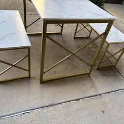 White Marble and Gold Kitchen Dining Table with 2 Benches