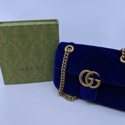 $550 Gucci Mini GG Blue Velvet Marmont Maletasse Love Embroidered Crossbody Bag