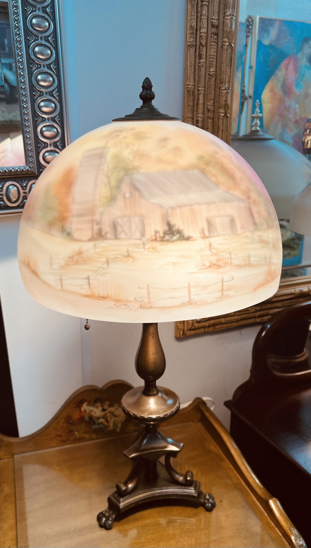 Antique Reverse Painted Farmhouse Table Lamp Signed.