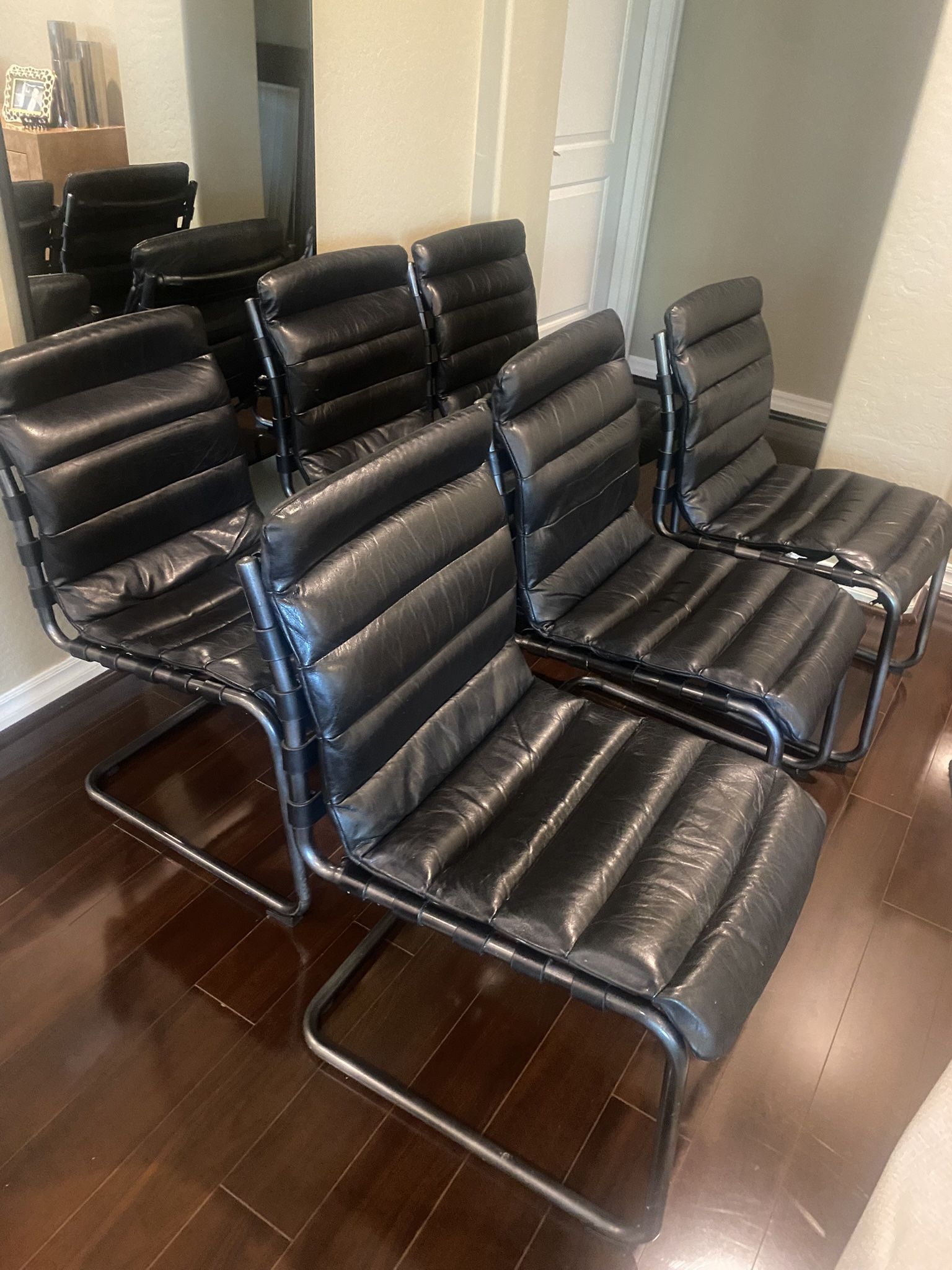5 Vintage MCM Black Leather Sling Chairs (Black Frames)