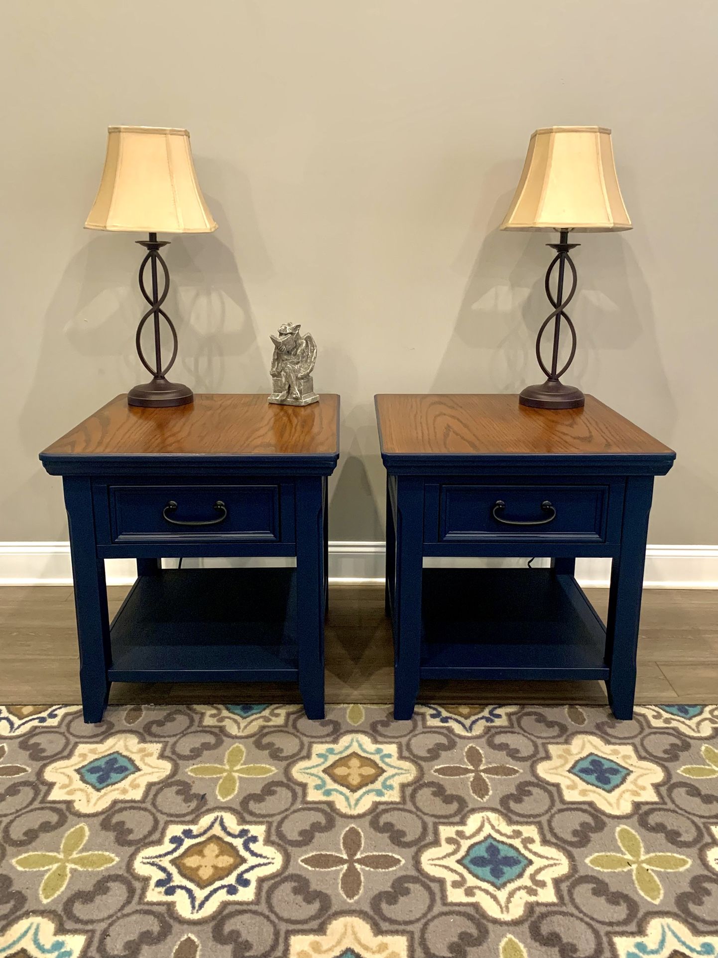 Navy Blue & Wood End Tables – Set of 2