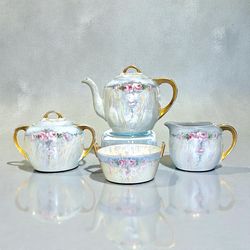 RARE! Antique PSAA Bavaria Porcelain Teapot, Sugar Bowl, Creamer & Butter Dish