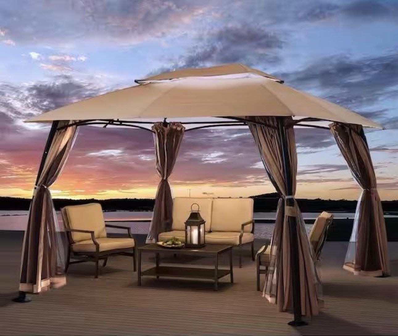 96139 Barton 10 ft. x 13 ft. Renaissance Outdoor Steel Gazebo in Beige with Mosquito Netting and Privacy Curtain
