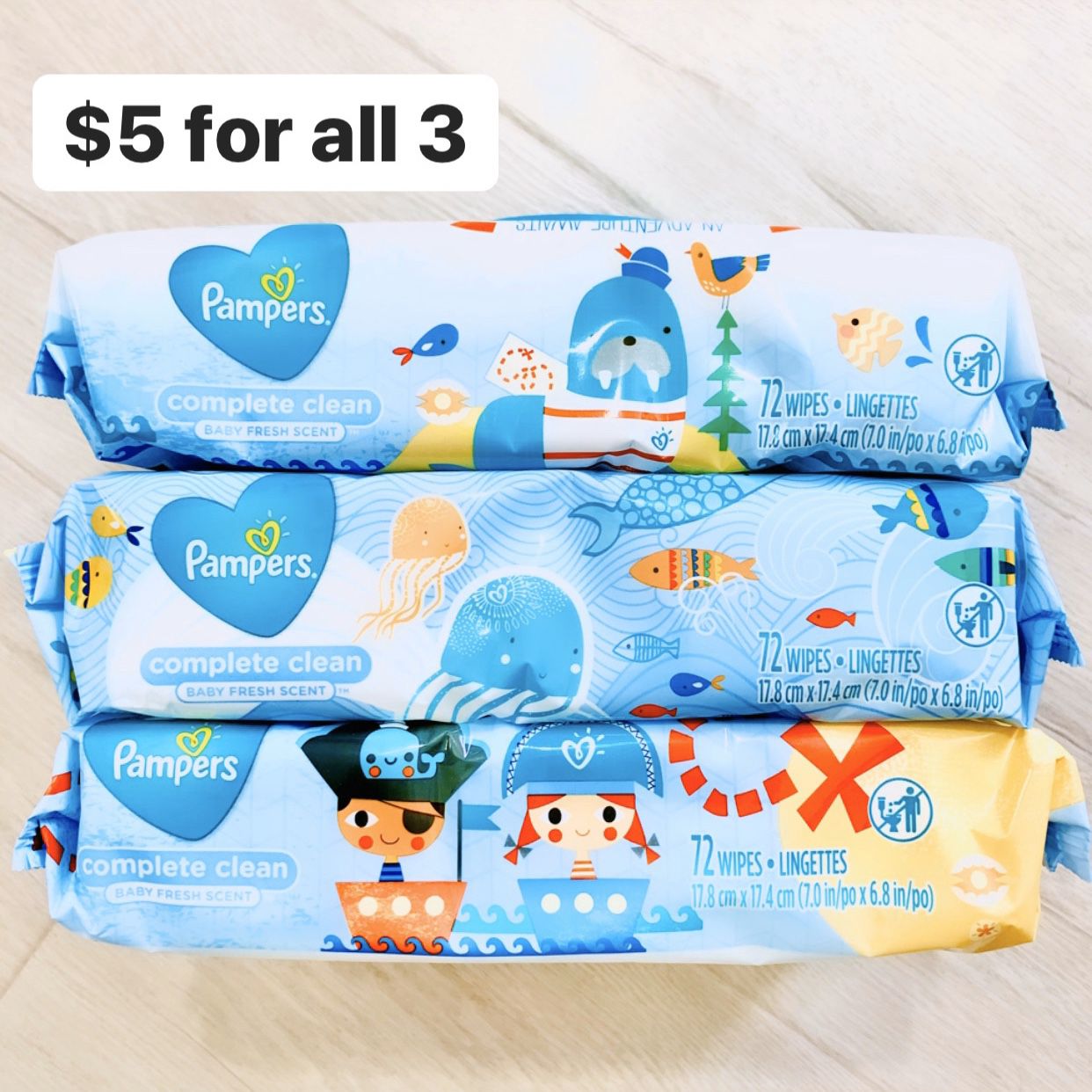 3 Packs Pampers Complete Clean Baby Fresh Scent (216 wipes total) - $5 for all 3