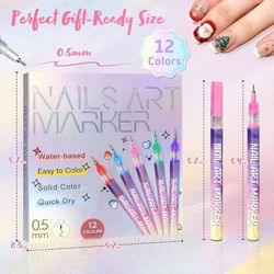 12 Colors Nail Art Pens Set, 2026 New Nail Art Markers with 0.5mm Fine Tip, Waterproof & Quick-Drying Nail Art Pens for Painting Nails, DIY 3D Nail Ar