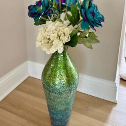 Pier 1 Stunning Mosaic Glass Teal/Green Vase with Flowers 32”