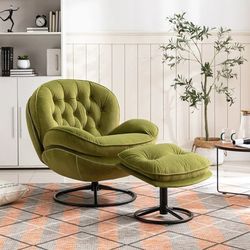 Accent Chair with Ottoman, Modern Velvet Lounge Chair with Ottoman Set with Metal Legs - Green Velvet