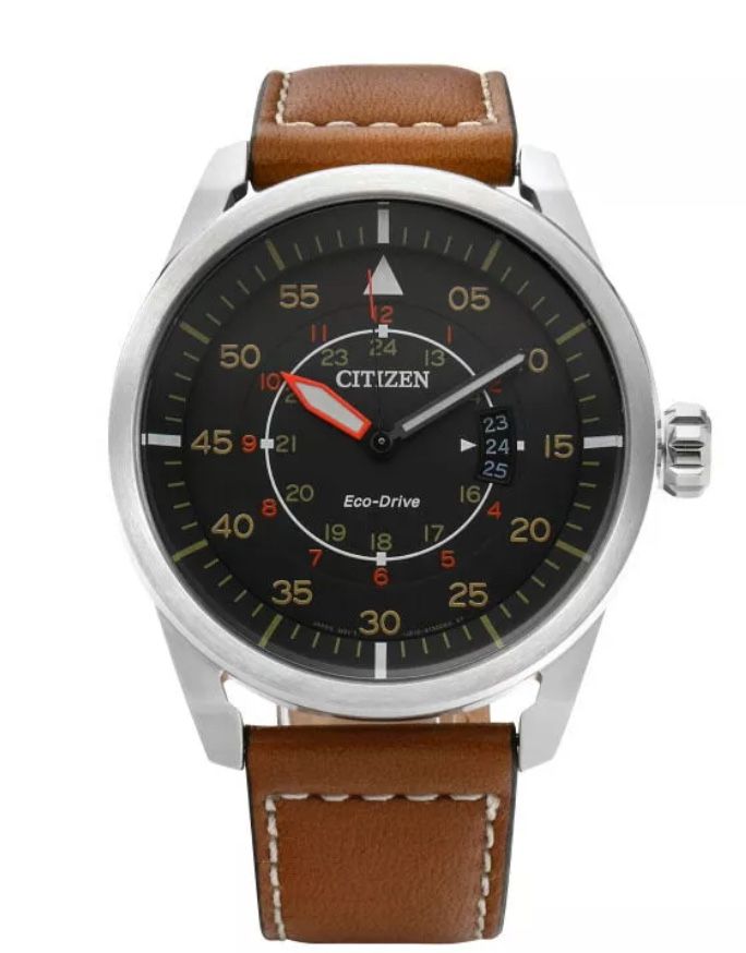 Citizen Eco-Drive Aviator Power Reserve Watch Men Leather Band 44mm