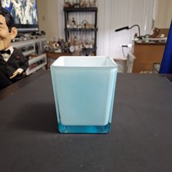 Aqua Blue Exterior White Interior Cased In Clear Glass Candle Holder Or Vase By Teleflora Gift Made In Poland 4" X 4" X 4.5"H