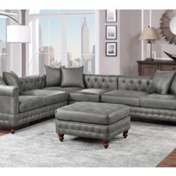 Gray Leatherette Sectional Sofa With Ottoman 