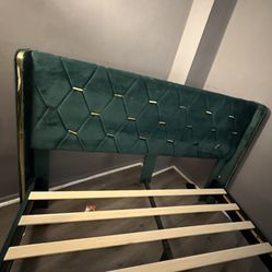 Green Upholstered Platform Bed Frame, Queen  Size Bed