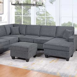 5-Piece Sectional Set LAF Loveseat W/USB Ports + RAF Loveseat W/ Chaise + Corner Wedge + Armless Chair + Cocktail Ottoman  Color: Slate Gray
