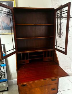 VINTAGE ART DECO TALL SECRETARY DESK WITH BOOKCASE & KEY- Solid Wood