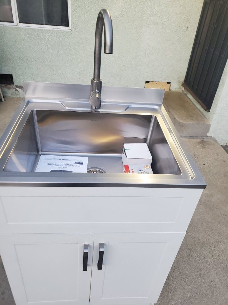 AFA Stainless Steel Laundry Sink 25" x 22" with Faucet & Cabinet