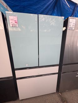 Samsung Bespoke Refrigerator With Beverage Center In Morning Blue And White Glass