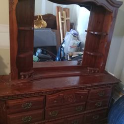 Bed set dresser wood mirror and chess