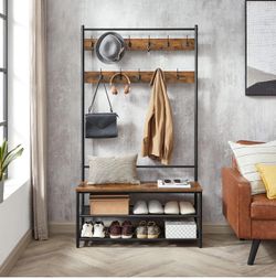 Entryway Bench with Coat Rack, Hall Tree with Bench and Shoe Storage, 11 Hooks, Adjustable Shelves, Hallway Bedroom Dorm Apartment, Rustic Brown and B