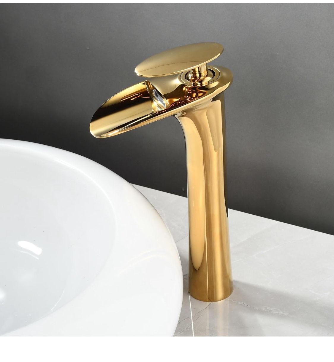 Gold Bathroom Vessel Faucet, SHUNLI Waterfall Bathroom Vessel Sink Faucet, Single Hole Tall Bathroom Faucet, Solid Brass