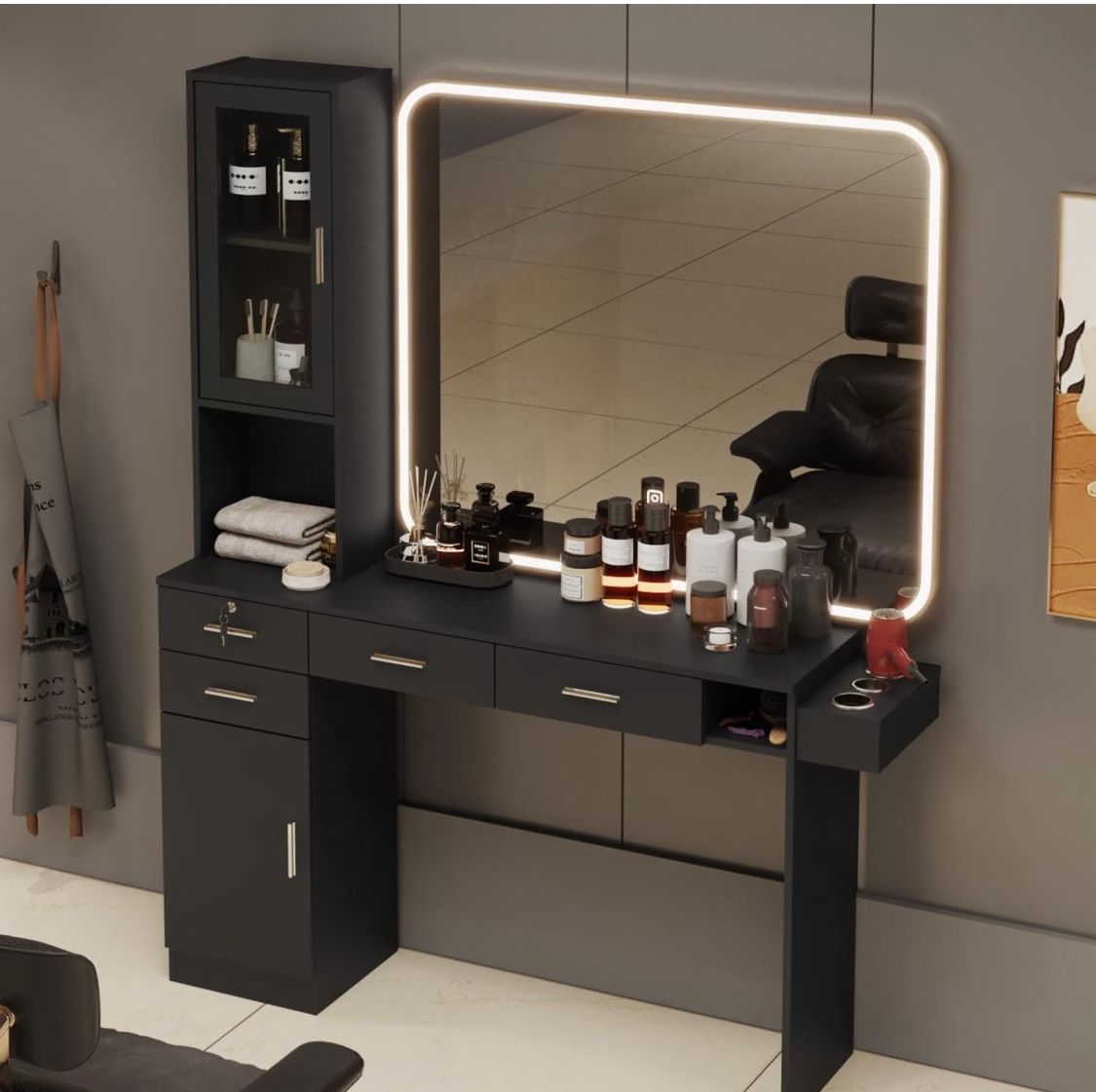 Salon Station for Hair Styling, Barber Furniture w/Hair Dryer Holder, Cabinet & Drawers, Wall Mount Hair Salon Equipment Without Mirror, Black