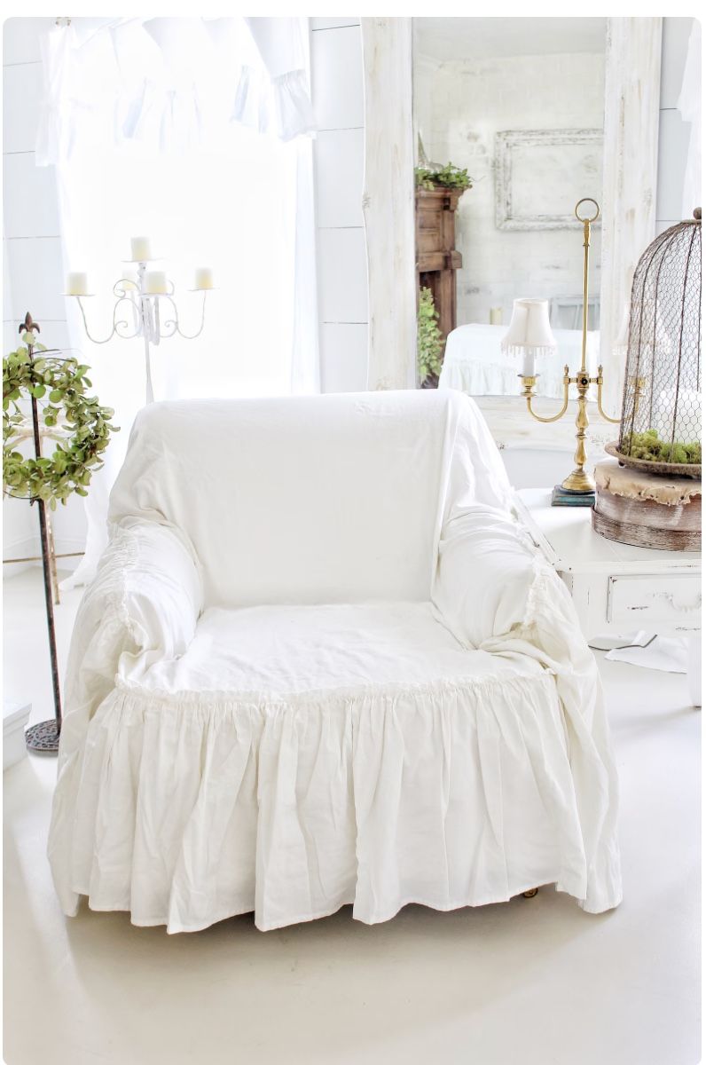 Ruffled Shabby Chic Farmhouse French Country Cottage White Chair Slip Cover