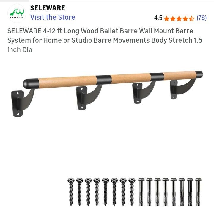 SELEWARE 4-12 ft Long Wood Ballet Barre Wall Mount Barre System for Home or Studio Barre Movements Body Stretch 1.5 inch Diameter....NEW.
