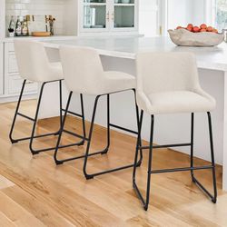 Set of 3 Counter Height Bar Stools, 26 Inch Linen Upholstered Barstools, Comfortable Bar Chairs