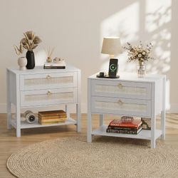 Nightstand Set of 2, Wide Night Stand Bedside Table, Rattan Boho Decor Drawer & Open Shelf, Wooden End Table for Bedroom