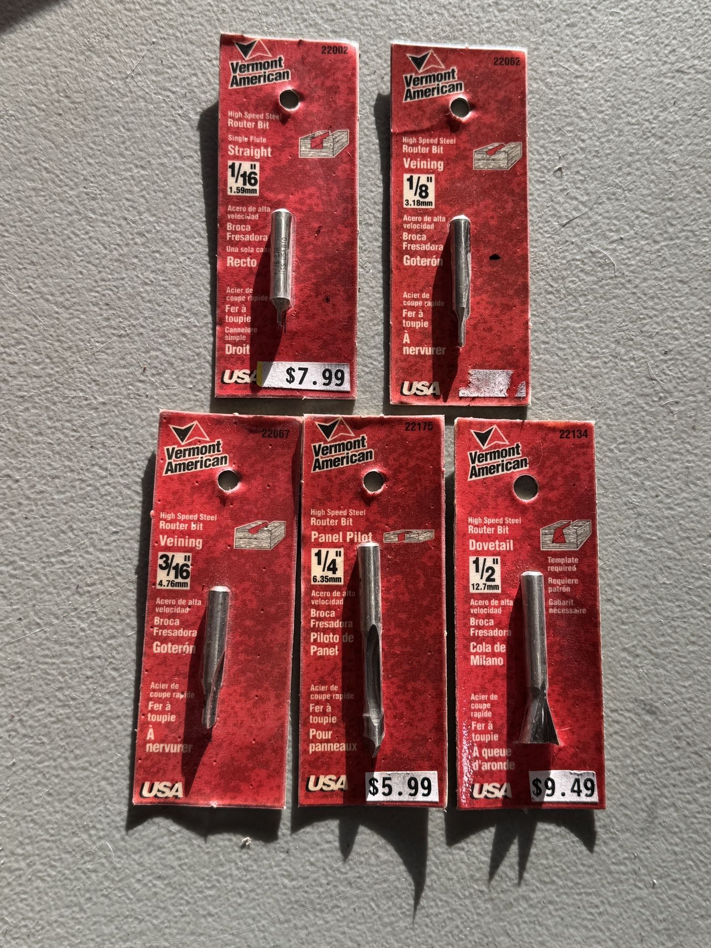 Vermont American High Speed Steel Router Bit Lot. 5 pcs total.
