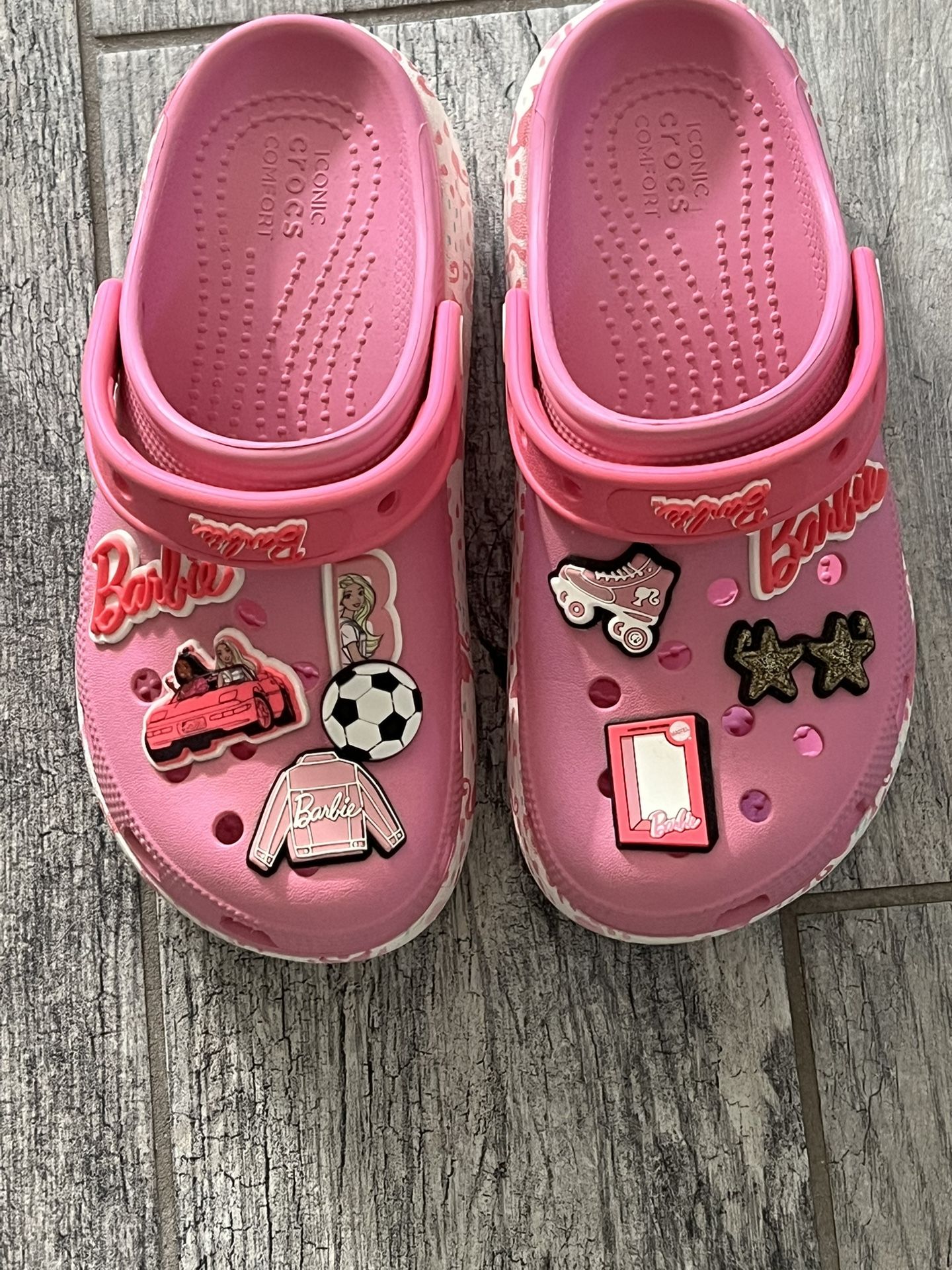 Girl’s Barbie Crocs Shoes . Only Worn Inside A Couple Times.