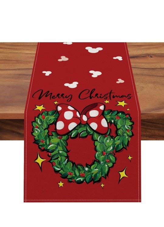 Seliem Merry Christmas Wreath Table Runner, Xmas Red Polka Dot Bow Stars Kitchen Dining Table Decor, Winter Holiday Farmhouse Home Decoration Indoor O