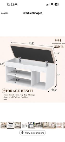 Storage Bench with Hidden Storage & Shoe Shelf