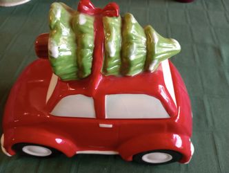 VW Bug Ceramic Christmas Cookie Jar 
