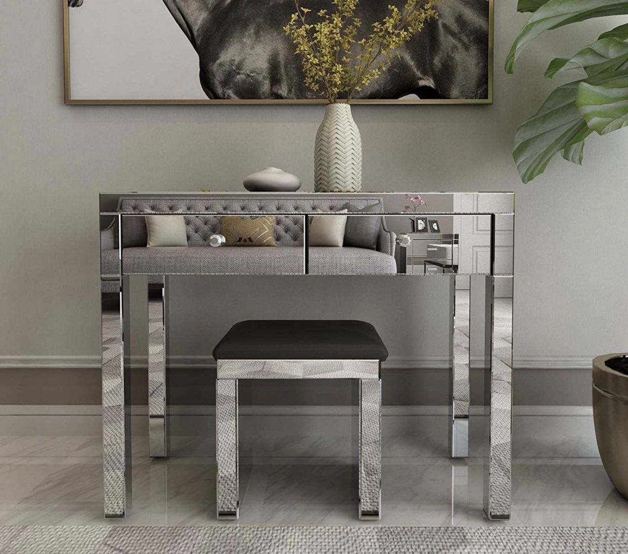Brand New Silver Mirrored Vanity Table Desk And Stool