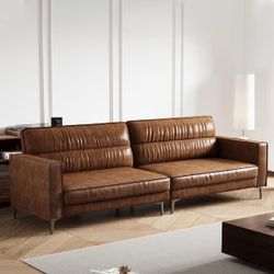 86.61" Mid-Century Modern 3-Seater Sofa, Oil Wax Microfiber Leather Couch with Pleated Back & Metal Legs, Brown Gaoyangjiaju