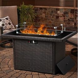 Wicker Outdoor Fire Pit TableNatural Gas/Propane, 43" Rectangular FirepitTable for Outside, 55000 BTU Patio FireplaceTables with Windguard&Glass Rocks