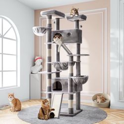 81" Large Cat Tree Tower for Large Cats with Cat Condo Hammock, 2 Scratching Ramps, 6 Scratching Posts, Grey