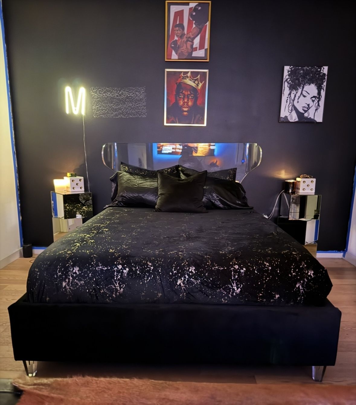 Queen Acrylic & Black Velvet Upholstered Bed & Vintage Mirrored Nightstands