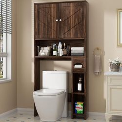 Over the Toilet Storage Cabinet, Bathroom Shelf Organizer,65.4" Barn Doors Bathroom Cabinet with Toilet Paper Holder, Adjustable Shelf and Anti-Tip De
